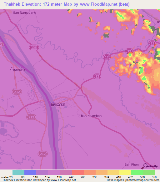 Thakhek,Laos Elevation Map