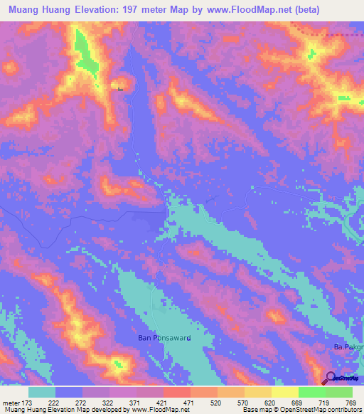 Muang Huang,Laos Elevation Map