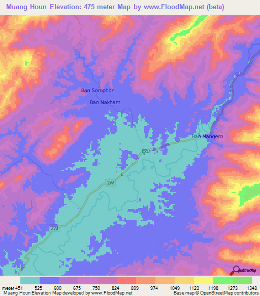 Muang Houn,Laos Elevation Map