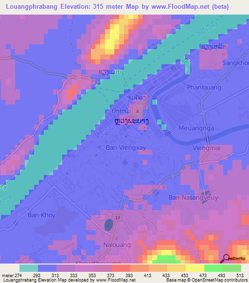 Louangphrabang,Laos Elevation Map