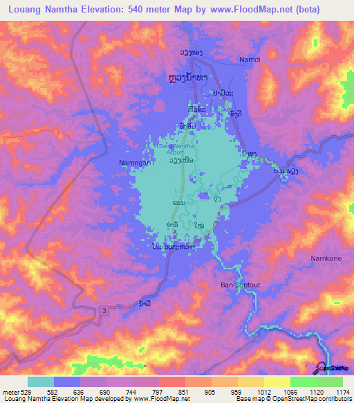 Louang Namtha,Laos Elevation Map