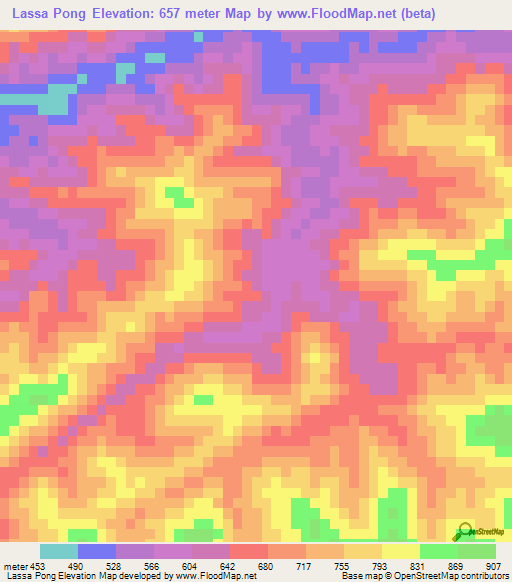 Lassa Pong,Laos Elevation Map