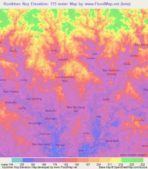 Koutkhen Noy,Laos Elevation Map