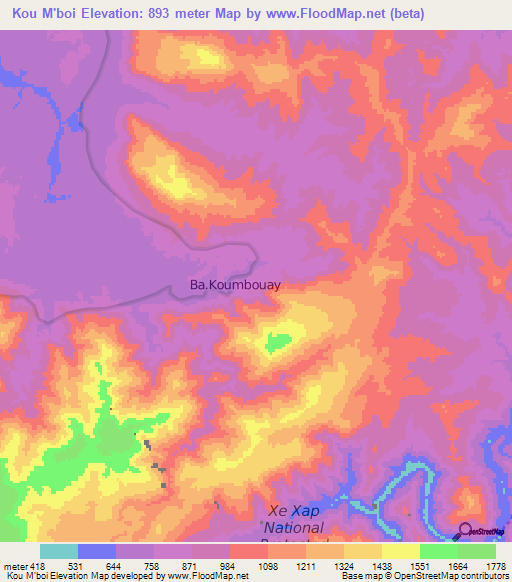 Kou M'boi,Laos Elevation Map