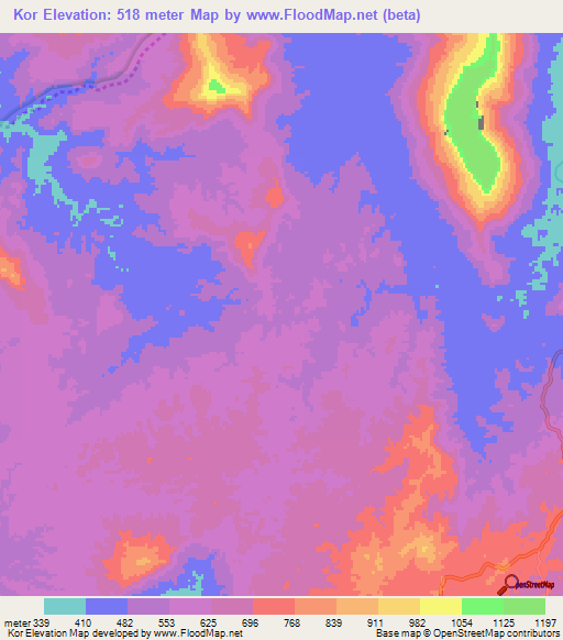 Kor,Laos Elevation Map