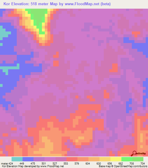 Kor,Laos Elevation Map