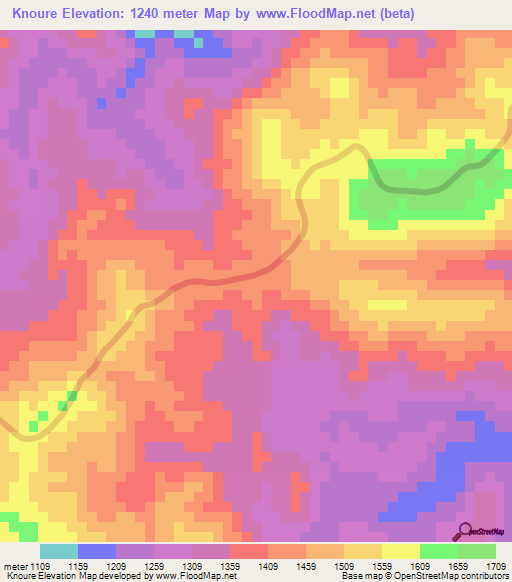 Knoure,Laos Elevation Map