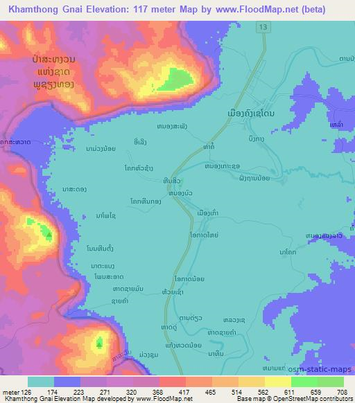 Khamthong Gnai,Laos Elevation Map