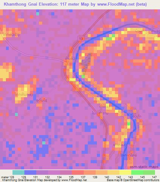 Khamthong Gnai,Laos Elevation Map