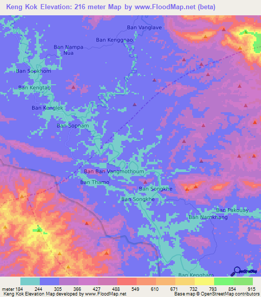 Keng Kok,Laos Elevation Map