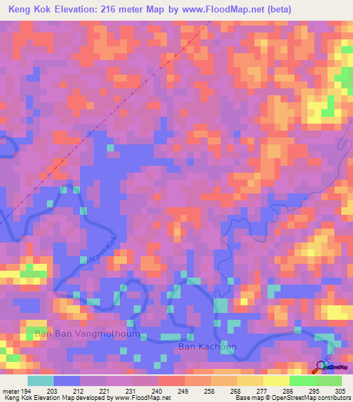 Keng Kok,Laos Elevation Map