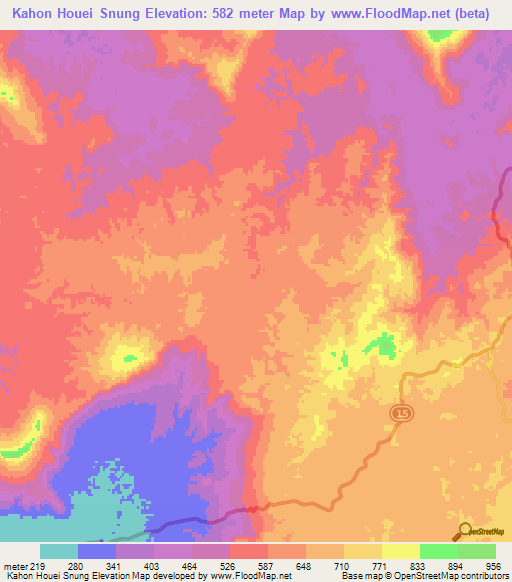 Kahon Houei Snung,Laos Elevation Map