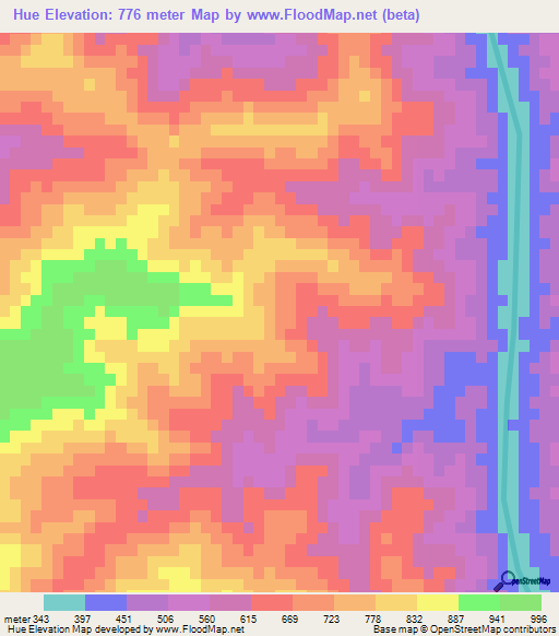 Hue,Laos Elevation Map