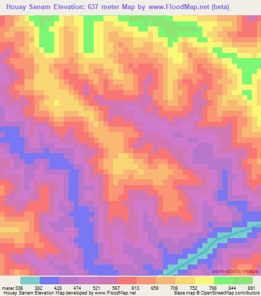 Houay Sanam,Laos Elevation Map