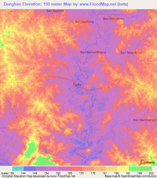 Donghen,Laos Elevation Map