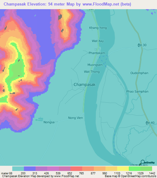 Champasak,Laos Elevation Map