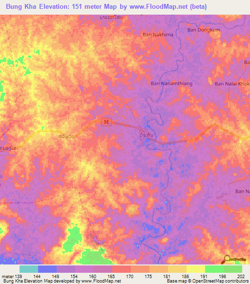 Bung Kha,Laos Elevation Map