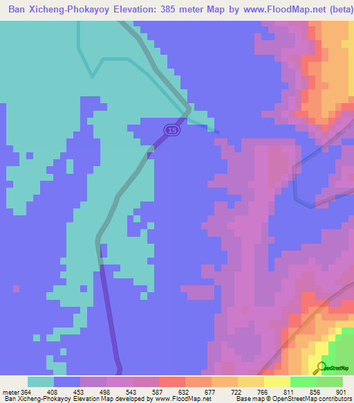 Ban Xicheng-Phokayoy,Laos Elevation Map