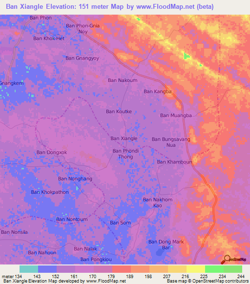 Ban Xiangle,Laos Elevation Map