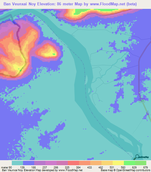 Ban Veunxai Noy,Laos Elevation Map