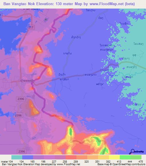 Ban Vangtao Nok,Laos Elevation Map