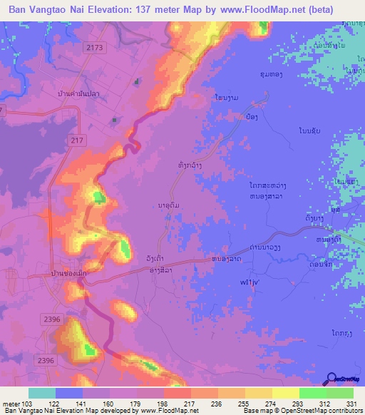 Ban Vangtao Nai,Laos Elevation Map