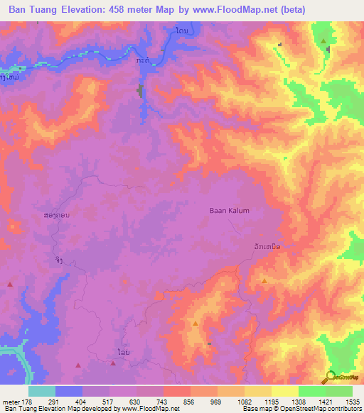 Ban Tuang,Laos Elevation Map