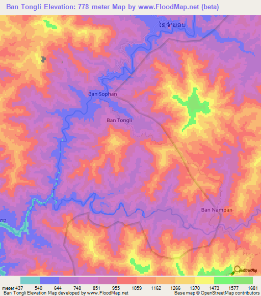 Ban Tongli,Laos Elevation Map