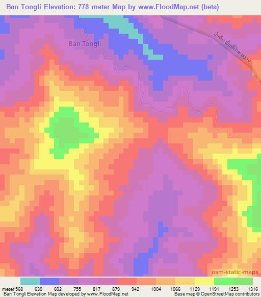 Ban Tongli,Laos Elevation Map