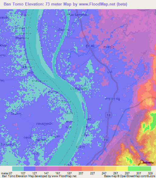 Ban Tomo,Laos Elevation Map