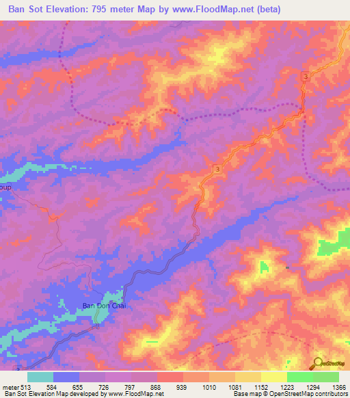 Ban Sot,Laos Elevation Map