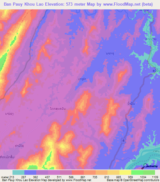 Ban Pauy Khou Lao,Laos Elevation Map