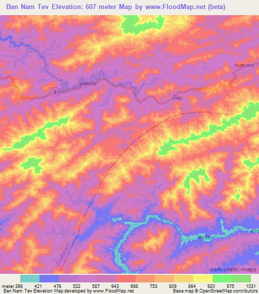 Ban Nam Tev,Laos Elevation Map