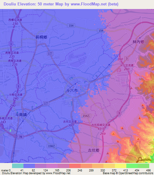 Douliu,Taiwan Elevation Map