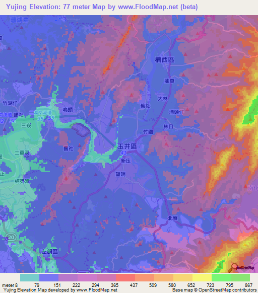 Yujing,Taiwan Elevation Map