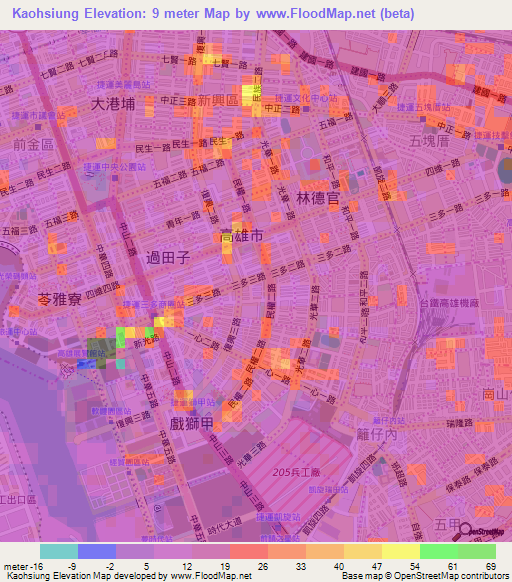 Kaohsiung,Taiwan Elevation Map