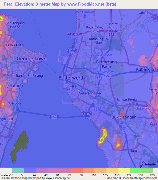 Elevation of Perai,Malaysia Elevation Map, Topography, Contour