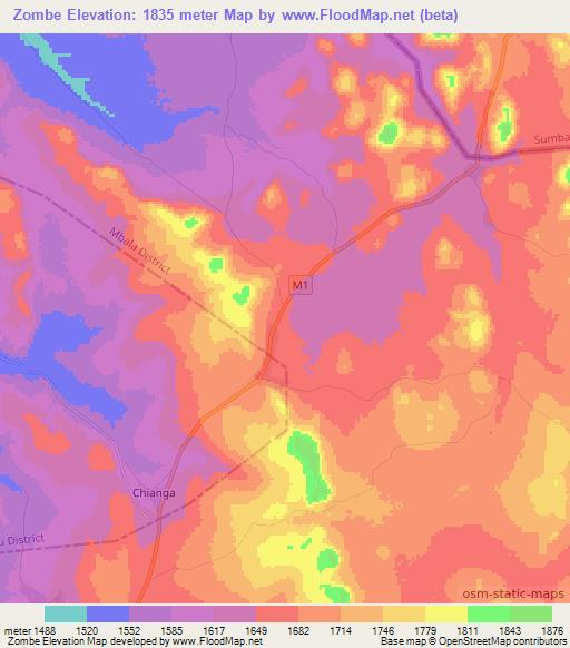 Zombe,Zambia Elevation Map