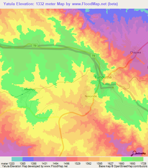 Yatula,Zambia Elevation Map