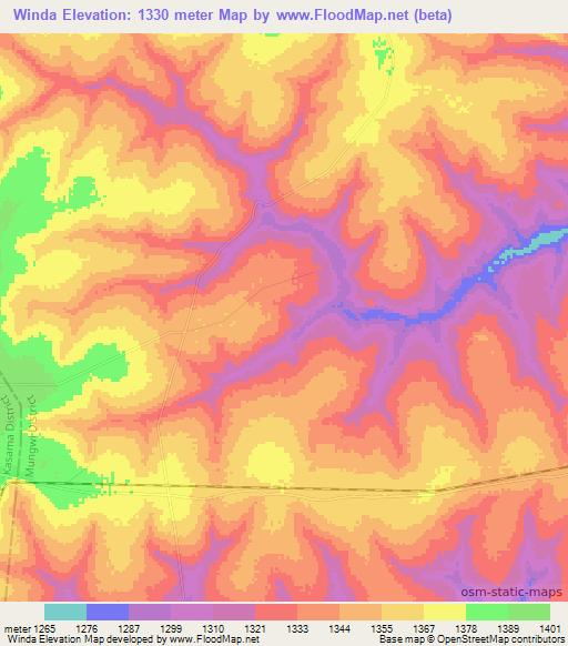 Winda,Zambia Elevation Map