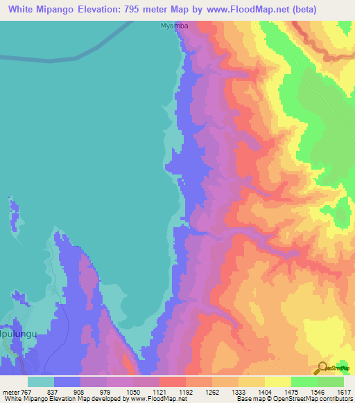 White Mipango,Zambia Elevation Map