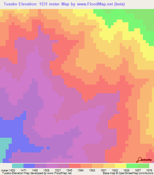 Tuseko,Zambia Elevation Map