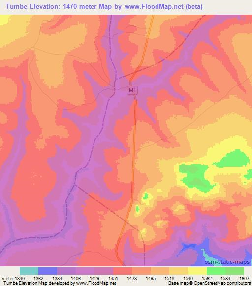 Tumbe,Zambia Elevation Map