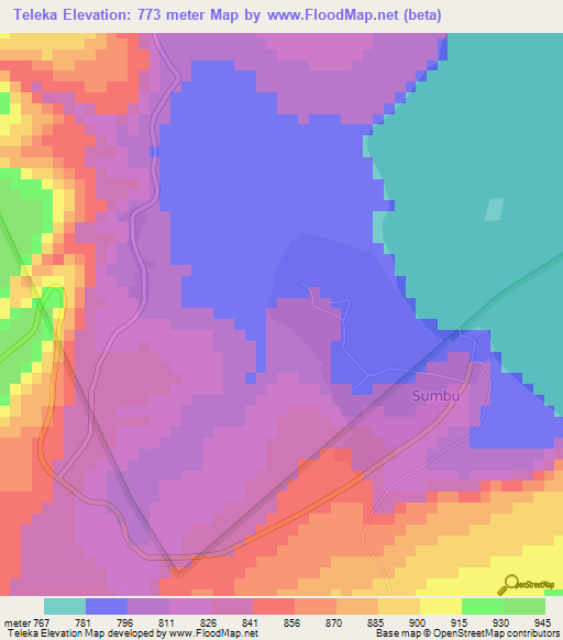 Teleka,Zambia Elevation Map