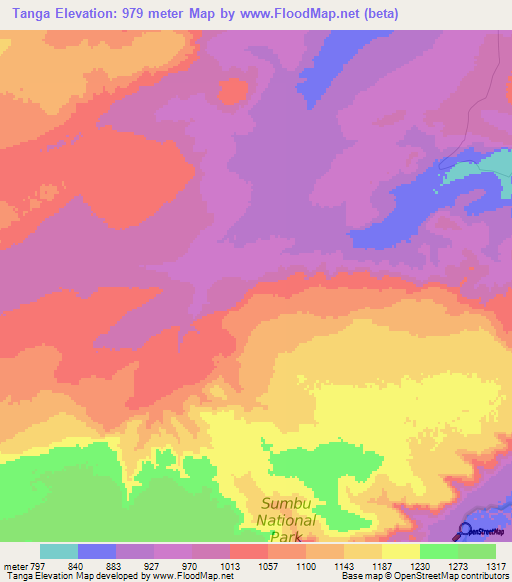 Tanga,Zambia Elevation Map