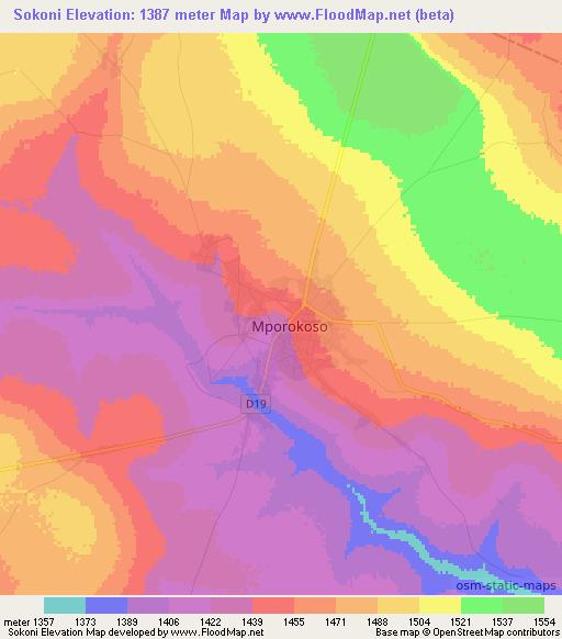 Sokoni,Zambia Elevation Map