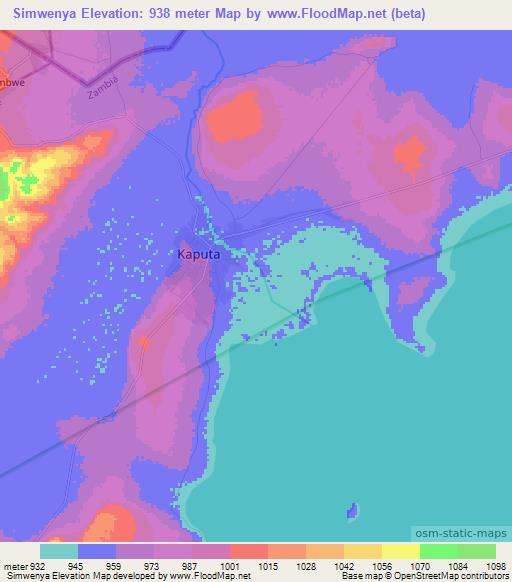 Simwenya,Zambia Elevation Map