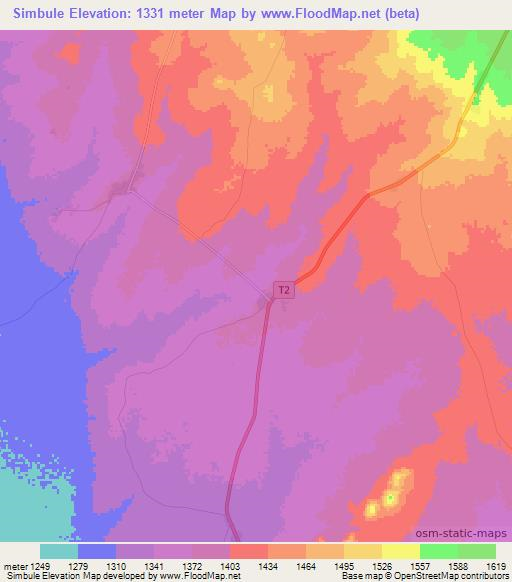 Simbule,Zambia Elevation Map