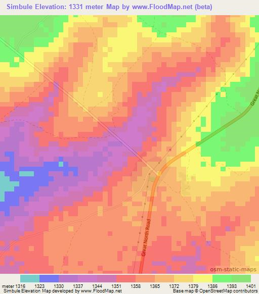 Simbule,Zambia Elevation Map