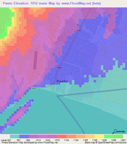 Pweto,Zambia Elevation Map